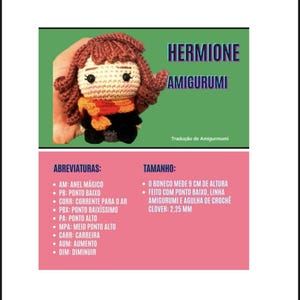 Op de afbeelding: Een haak-amigurumi-patroon voor Hermelien Griffel uit de Harry Potter-serie. Het patroon bevat instructies voor het maken van een 9 cm hoge pop met een 2,25 mm haaknaald.