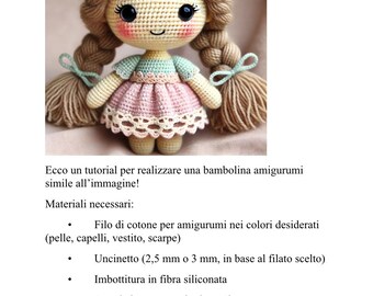 Könnte beinhalten: Eine Anleitung für eine gehäkelte Amigurumi-Puppe mit einer Liste der benötigten Materialien, darunter Garn, Häkelnadel, Füllmaterial, Sicherheitsaugen und Stickgarn. Die Puppe trägt ein rosa Kleid mit einem grünen Oberteil und hat braunes Haar in Zöpfen.