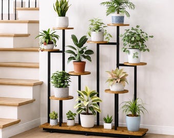 Indoor 9-Tier Wood & Metal Plant Stand | Multi-Plant Vertical Display for Living Room, Balcony, Garden, and Patio Decor
