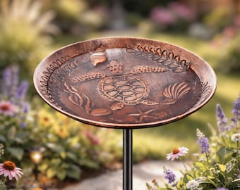 Vintage Copper Finish Metal Bird Bath – Sea Turtle & Seaweed Embossed Outdoor Birdbath Bowl