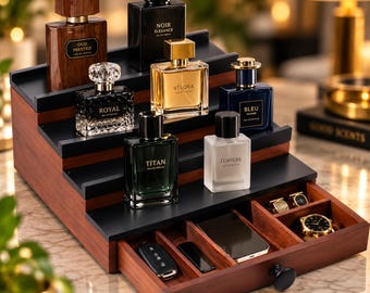 Cologne Organizer for Men – Perfume Storage Rack with 4 Tier Wooden Display and Hidden Drawer