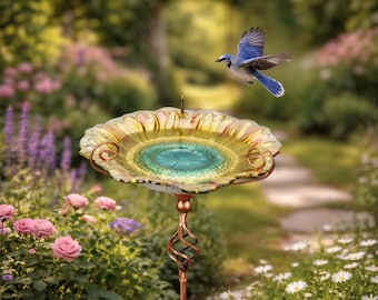 Comedero/bañera para pájaros de estilo vintage en color verde: Bandeja metálica para plantas de 79 cm de altura.