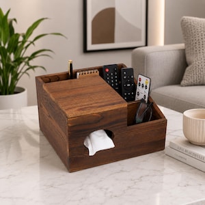 Wooden Remote Control Organizer with Tissue Box | Multi-Compartment Desktop Organizer for Home Office