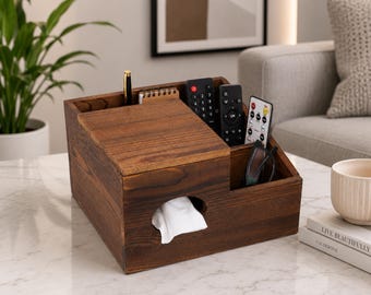 Wooden Remote Control Organizer with Tissue Box | Multi-Compartment Desktop Organizer for Home Office