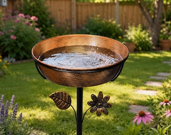 Vintage Metal Birdbath with Flower Accents | Garden Patio Decor, Removable Bowl