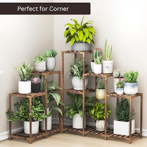 Wooden 11 Tier Plant Stand Indoor Outdoor | Corner Multi Tier Plant Stand Handmade | Free standing Plant Shelf for Small Space