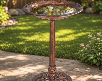 28 Inch Outdoor Bird Bath Pedestal | Vintage Bronze Birdbath for Garden Decor with Antique Accent