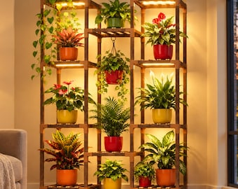 May include: A tall, multi-tiered wooden plant stand with integrated LED grow lights on each shelf. The structure holds various potted plants in colorful containers, including red, orange, and yellow pots, arranged across several levels.