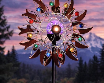 75" Wind Spinner for Garden | Metal Sculpture with Solar Bulb – Kinetic Yard Spinner