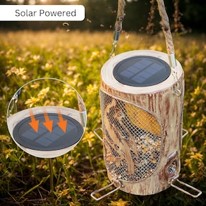 Solar Bird Feeder for Outdoors Hanging | Tree Trunk Design Feeder with Lights | Waterproof Metal Wild Bird Feeder Garden Decor
