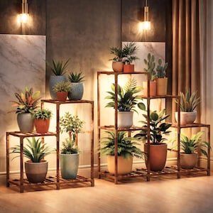 May include: Wooden plant stands with multiple tiers, displaying various potted plants. The stands are a warm brown color, and the plants feature green foliage and colorful pots. The scene is illuminated by soft lighting, creating a cozy atmosphere.