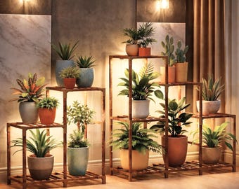 11-Tier Wooden Indoor Plant Stand with Grow Lights | Corner Display Plant Shelf for Living Room or Balcony