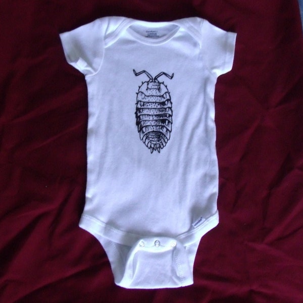 Newborn Onesie - Organic Gerber, Pill Bug, white, roly poly wood louse insect nature beetle pjs pajamas onsie bugs cute girl boy baby