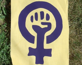 Feminism Patch - Purple on Yellow Print - Large Bag or Back Patch - feminist patches woman power assorted punk fist movement people