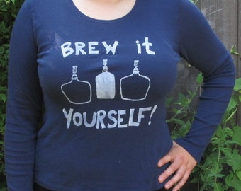 Beer Shirt - Brew It Yourself - Large, Long Sleeved Navy Blue - homebrew tshirt, original print, brew, unisex, women, men, ferment sleeves