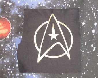 スタートレック パッチ、宇宙艦隊の記章、黒地に金、コミュニケーター、黄色、エンタープライズ、TNG、オタク、パンク パッチ、ユニフォーム、オタク、SF、宇宙