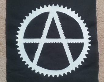 Anarchy patch-anarchizm back symbol patch, z piłami i koła zębate rowerowe-duże do tyłu lub torby, biały na czarnym, patch Anarchy punk