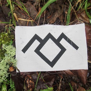 Könnte beinhalten: Ein weißer Patch mit einem schwarzen Bergsymbol darauf gedruckt. Der Patch liegt auf einem Bett aus grünem Moos und braunen Blättern.