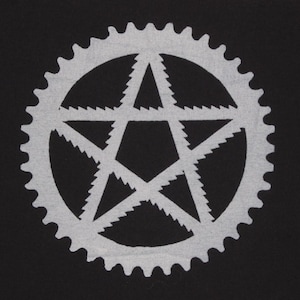 May include: A white five-pointed star with serrated edges is centered inside a white gear-shaped circle on a black background.