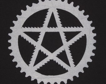 Back Patch - Pentagram, of Bike Parts, w Saw Blades and Bike Sprocket - Large, Back, Bag, White on Black Fabric, occult patch, pagan, magic