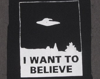 Patch, I Want To Believe - Large xfiles Patch, Black -  x-files alien paranormal spaceship abduction spacecraft flying saucer ufo invert