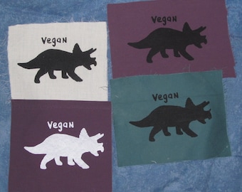 Vegan Patch Dinosaur - Triceratops, Choose Color - Black on Purple, Green, White - herbivore punk patches freegan giant lizard