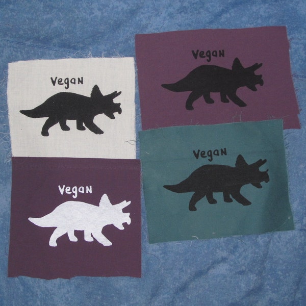 Vegan Patch Dinosaur - Triceratops, Choose Color - Black on Purple, Green, White - herbivore punk patches freegan giant lizard