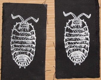 Pill Bug Patch -  White on Black - insect bug critter punk patches, roly poly. potato bug, wood louse, arthropod, animal, anarchy, science
