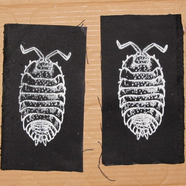 Pill Bug Patch -  White on Black - insect bug critter punk patches, roly poly. potato bug, wood louse, arthropod, animal, anarchy, science