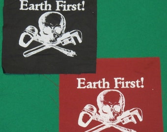 Earth First Jolly Roger Patch, Red or Black - Skull Crossbones, Monkeywrench, Hammer, Skeleton, Environment Direct Action Protest, pirate