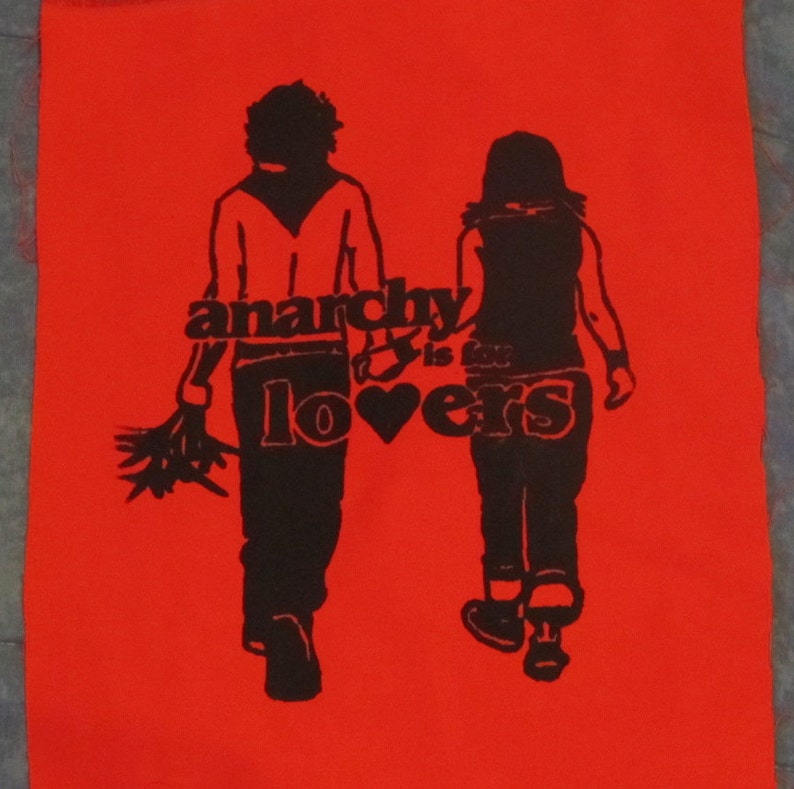 Back Patch Anarchy is For Lovers Black on Red, Large bag punk repair patches anarchist love heart cute flowers couple protest banksy image 2