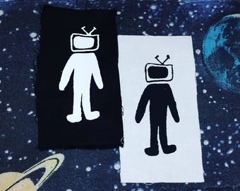 TV HEAD PATCH, parche de televisión retro, figura de palo, adicción a los medios, parches punk, arte de plantilla, serigrafía, teléfono inteligente, cyberpunk, robot