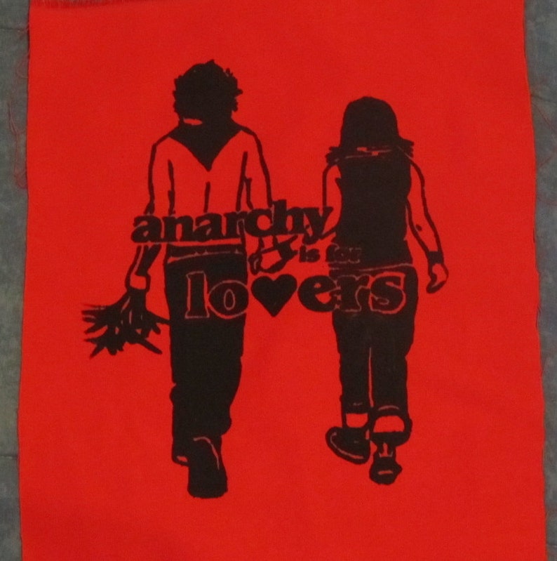 Back Patch Anarchy is For Lovers Black on Red, Large bag punk repair patches anarchist love heart cute flowers couple protest banksy image 1