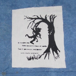 May include: Black and white illustration of a person hanging from a tree branch with the text "Pardon me. thou bleeding piece of earth. That I am meek and gentle with these butchers!"