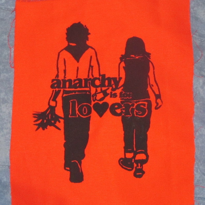 Back Patch Anarchy is For Lovers Black on Red, Large bag punk repair patches anarchist love heart cute flowers couple protest banksy image 3