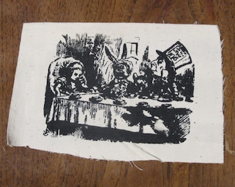 Alice & Wonderland Mad Hatter Tea Party - Screen Print  Black on White Canvas