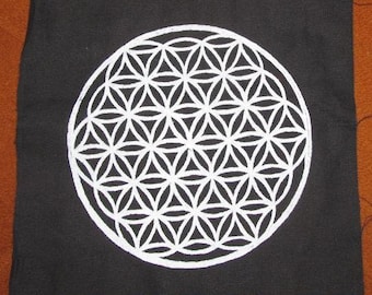 Groß - Blume des Lebens Aufnäher - Weiße Tinte auf schwarzer Leinwand - großer Punk Aufnäher - pagan, natur, okkulte Aufnäher, Heilige Geometrie, Rücken Aufnäher