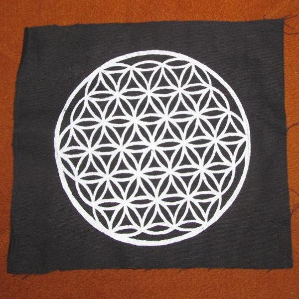 Large  - Flower of Life Patch - White Ink on Black Canvas - Large Punk Patch - pagan, nature, occult patches, sacred geometry, back patch