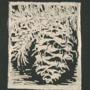 May include: Black and white woodblock print of a pine cone with needles.