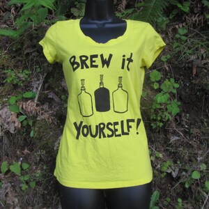 Brew It Yourself Yellow Fitted Tee shirt, homebrew print tshirt, unisex, women, gift, beer shirt, diy, carboy, hops barley, feminist image 2