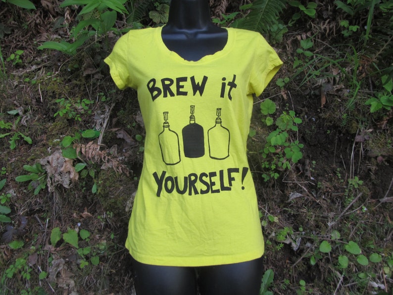 Brew It Yourself Yellow Fitted Tee shirt, homebrew print tshirt, unisex, women, gift, beer shirt, diy, carboy, hops barley, feminist image 2