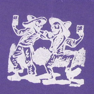 May include: Two white skeletons wearing sombreros and holding up cards, dancing against a purple background.