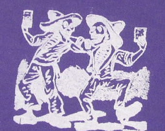 purple drinking skeletons patch - jose posada art - purple or green, punk patch, halloween, day of the dead, drinking, beer, brew, homebrew
