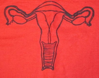 May include: A black line drawing of a female reproductive system on a red fabric background.