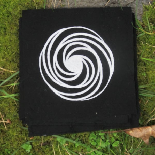 Crop Circle Patch - Geometric Spiral Patch - White on Black - Hackpen Hill 1999, sacred geometry patches, punk patches, psychedelic magic