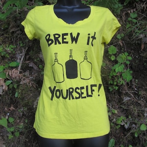 Brew It Yourself Yellow Fitted Tee shirt, homebrew print tshirt, unisex, women, gift, beer shirt, diy, carboy, hops barley, feminist image 1