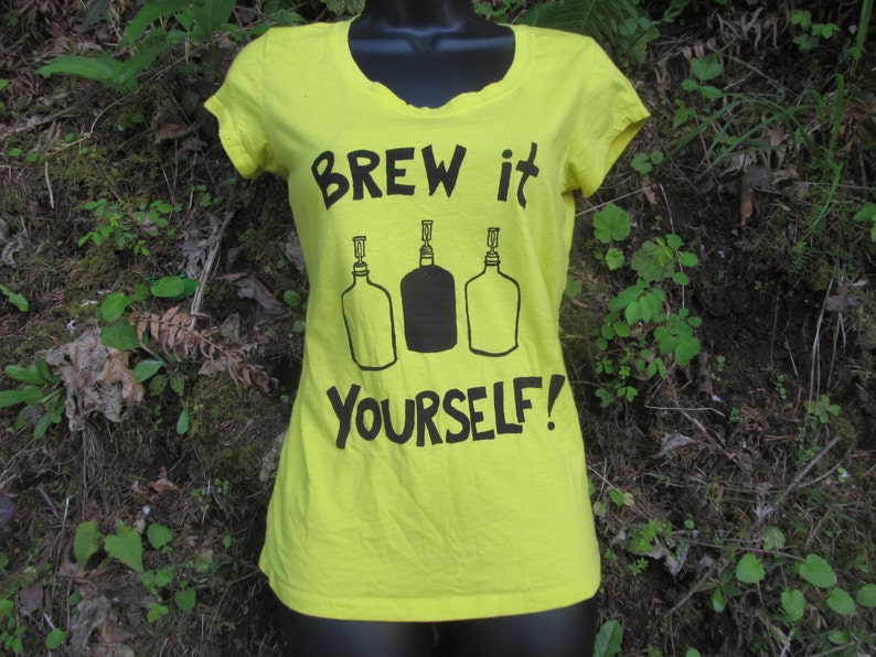 Brew It Yourself Yellow Fitted Tee shirt, homebrew print tshirt, unisex, women, gift, beer shirt, diy, carboy, hops barley, feminist image 1