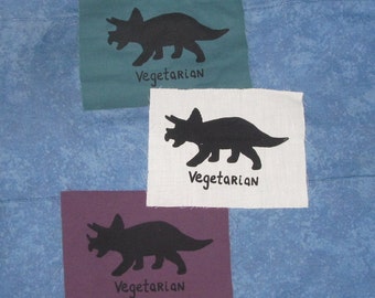 Wegetariańskie dinozaura patch-Triceratops, czarny na białym płótnie-VEG go freegan punk plamy i gigantyczne jaszczurki niesamowite sitodruku