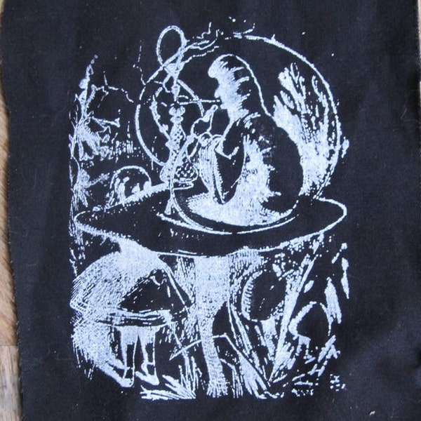 Alice in Wonderland Smoking Caterpillar Patch - White on Black Heavy Cotton Fabric, Screenprint Large Patch