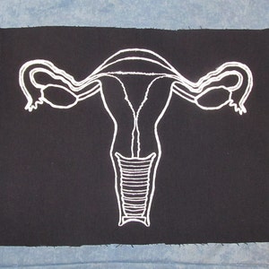 May include: A white outline of a female reproductive system on a black fabric background.